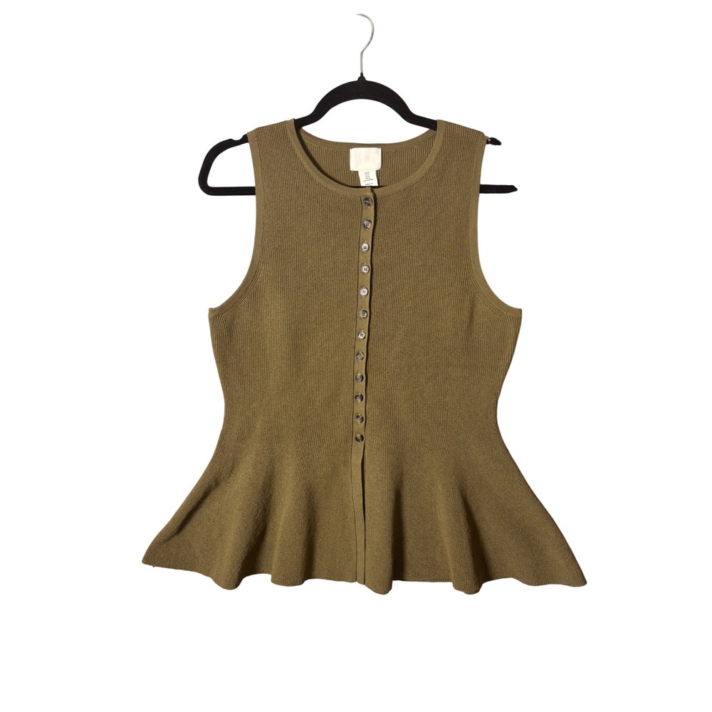 H&M Womens Peplum Knit Top M Olive Green Button Front Ribbed Sleeveless Minimal